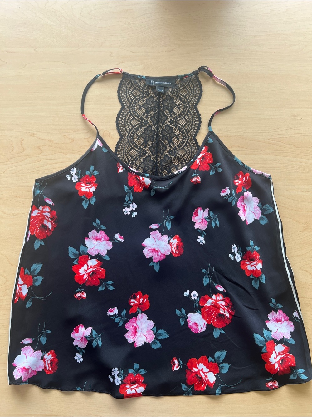 INC International Concepts Black Floral Lace-Back Cami with Red & Pink Roses